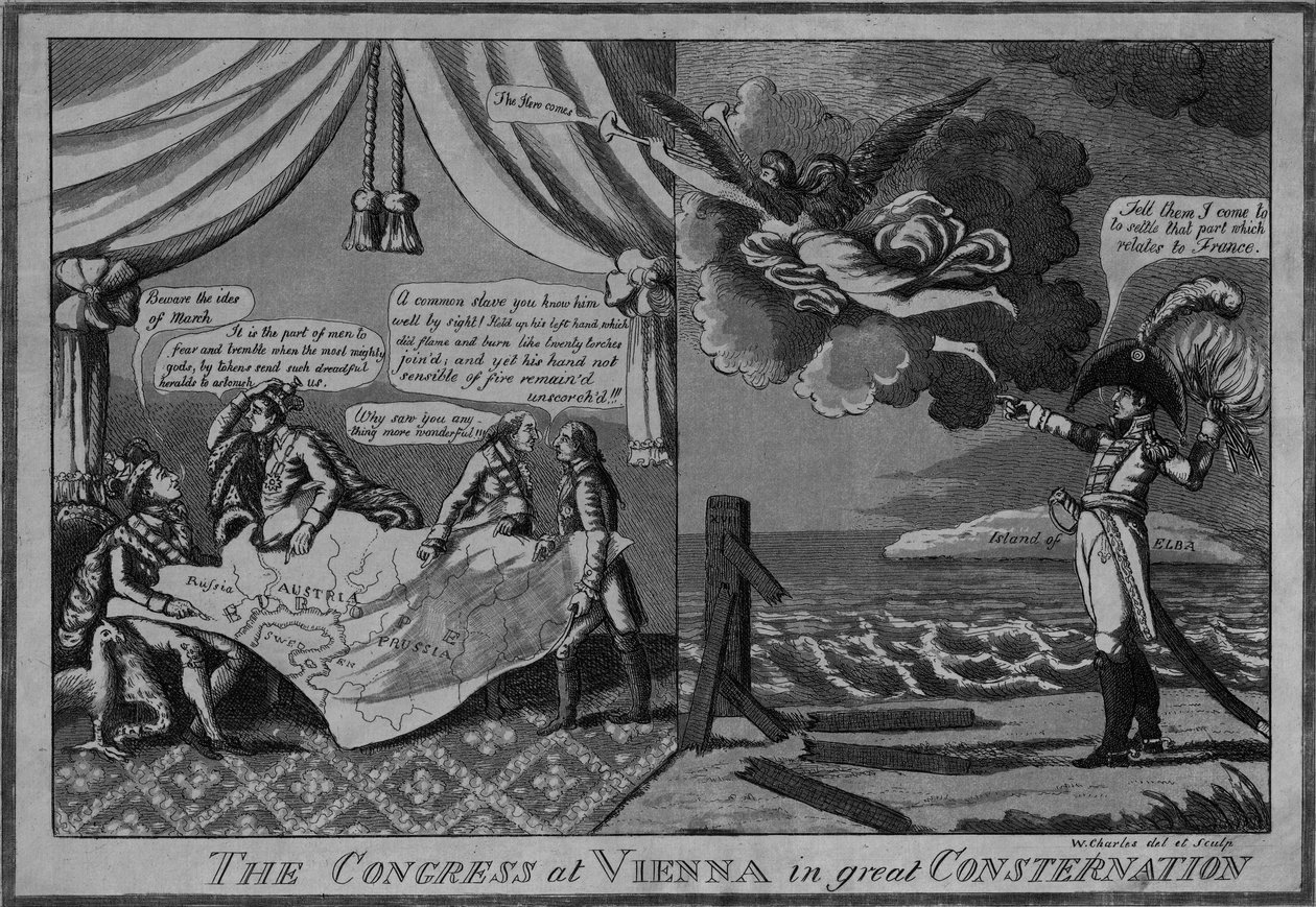 Kongressen i Wien i stor bestyrtelse, ca. 1815 (etsing og akvatint) av American School