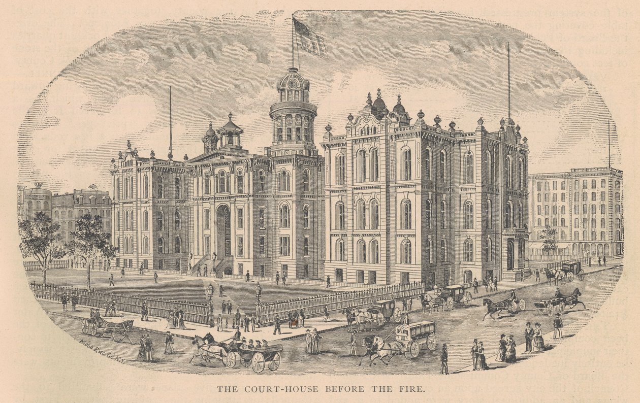 The Court-House before the Fire, trykt av Moss Engraving Co., New York, illustrasjon fra History of Chicago vol. 2 av Alfred Theodore Andreas, utgitt 1885 av American School
