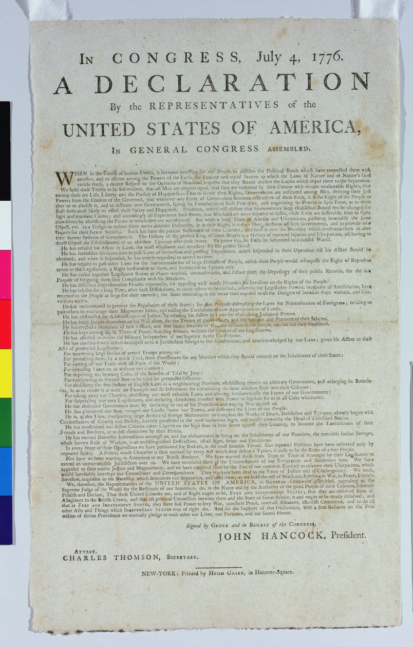 Uavhengighetserklæringen, trykt av Hugh Gaine, 1776 (trykt blekk på papir) av American School