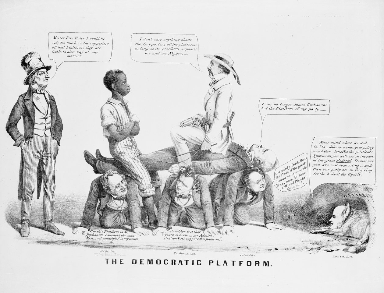 "Den demokratiske plattformen" politisk tegneserie som kommenterer det demokratiske partiets holdning til slaveri, ca. 1856 av American School