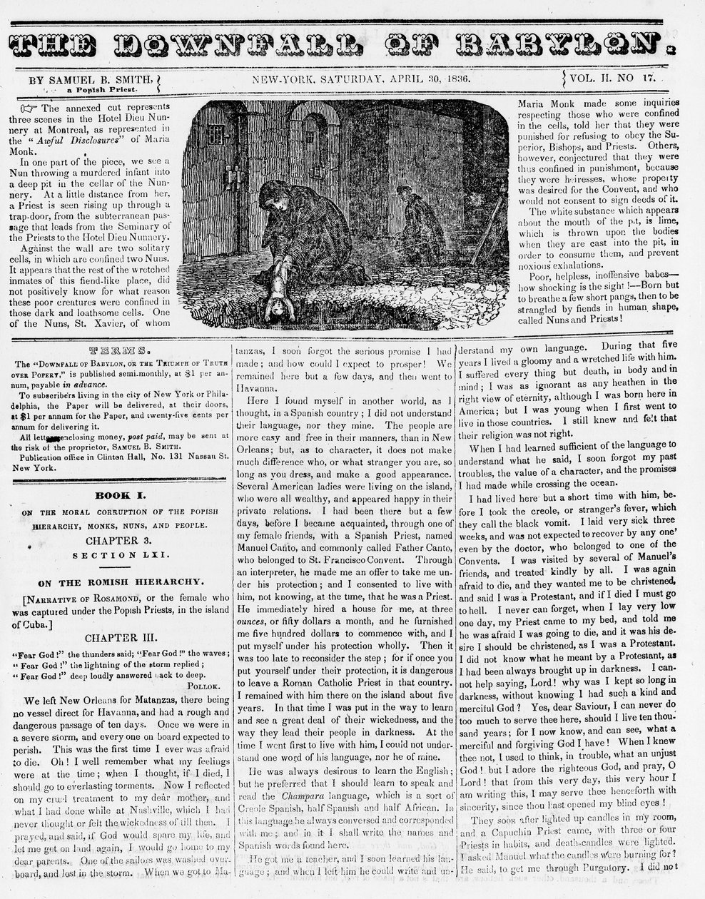 The Downfall of Babylon, illustrasjon fra en anti-katolsk brosjyre som viser en nonne som kaster et myrdet spedbarn i en grop, 1836 (avispapir) av American School