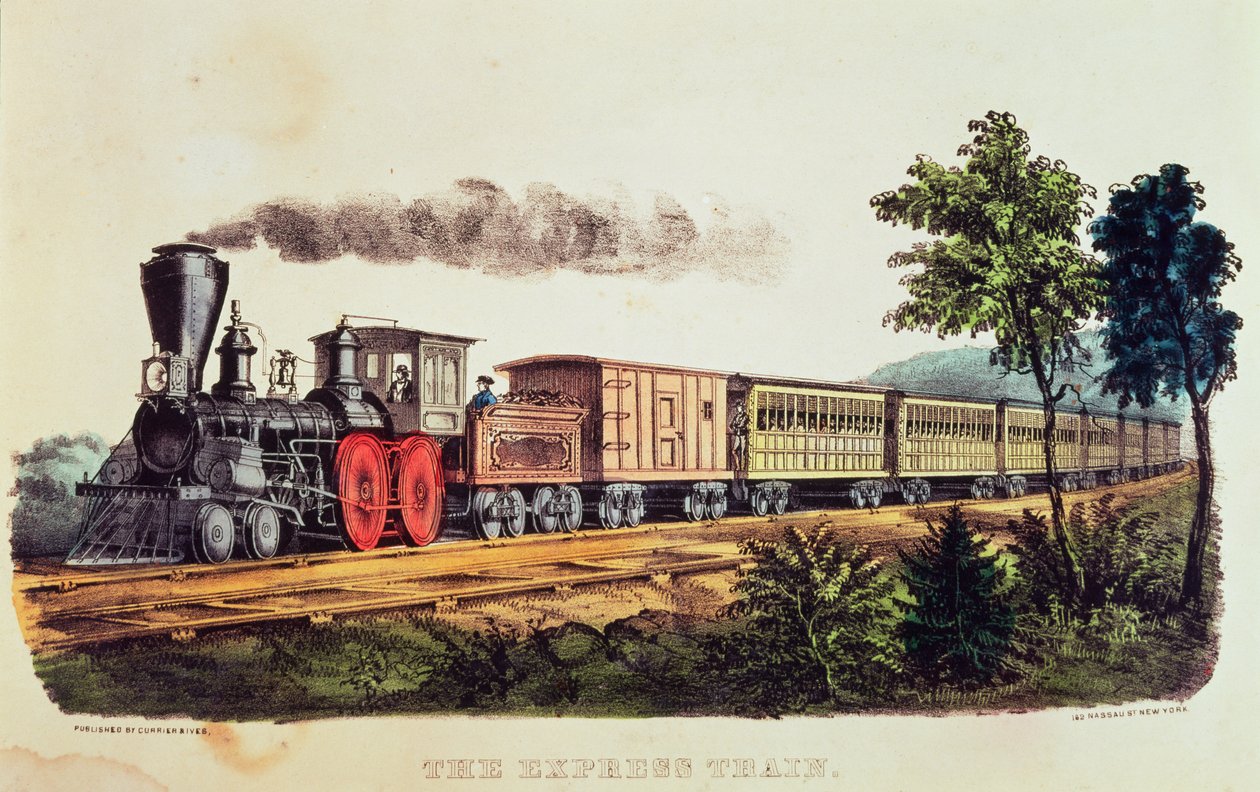 Ekspresstoget, gravert av Nathaniel Currier (1813-88) og James Merritt Ives (1824-95) (litho-farge) av American School