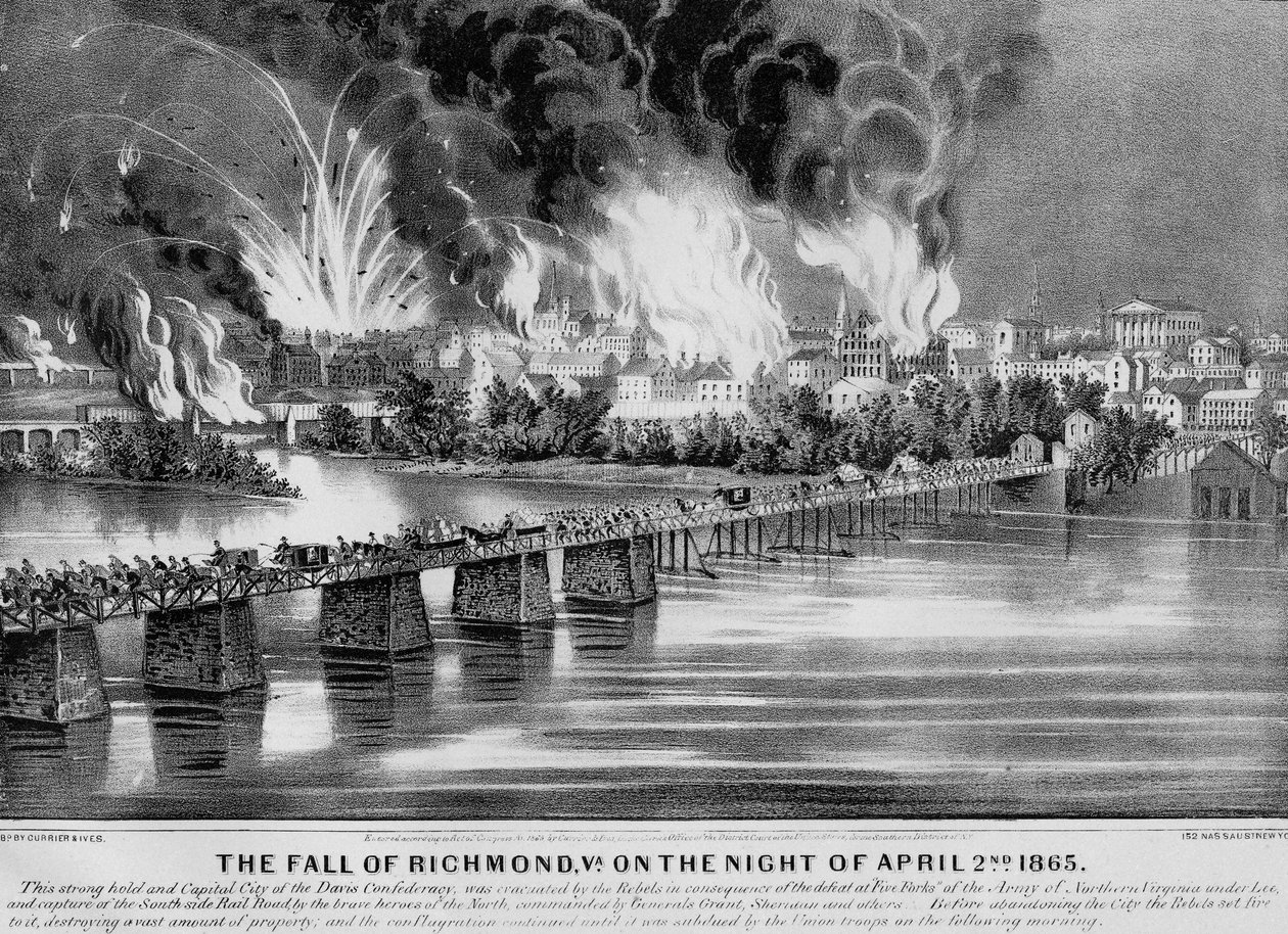 The Fall of Richmond, Va. natt til 2. april 1865, pub. av Currier & Ives, 1865 av American School