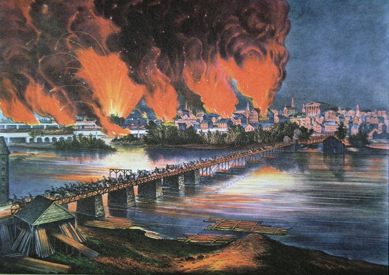 Fall of Richmond, Virginia, natten til 2. april 1865 (farge litho) av American School
