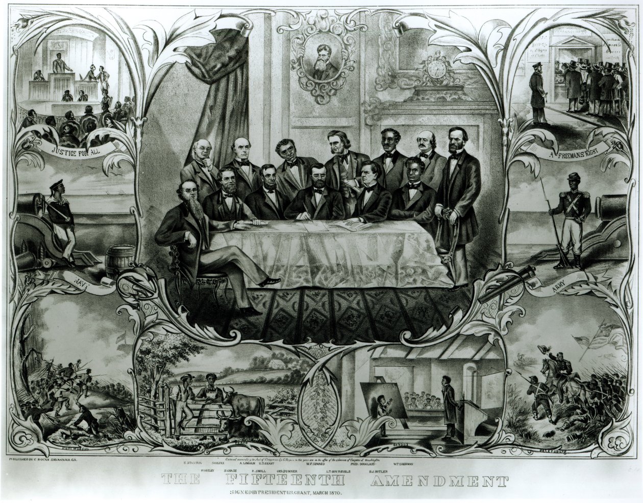 The Fifteenth Amendment, signed by President Ulysses S. Grant (1822-85) March 1870 (litho) (b&w photo) av American School