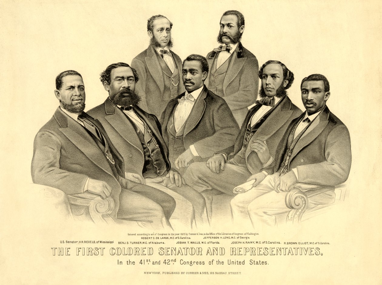 Den første fargede senatoren og representantene - i USAs 41. og 42. kongress, pub.1872 (litho) av American School