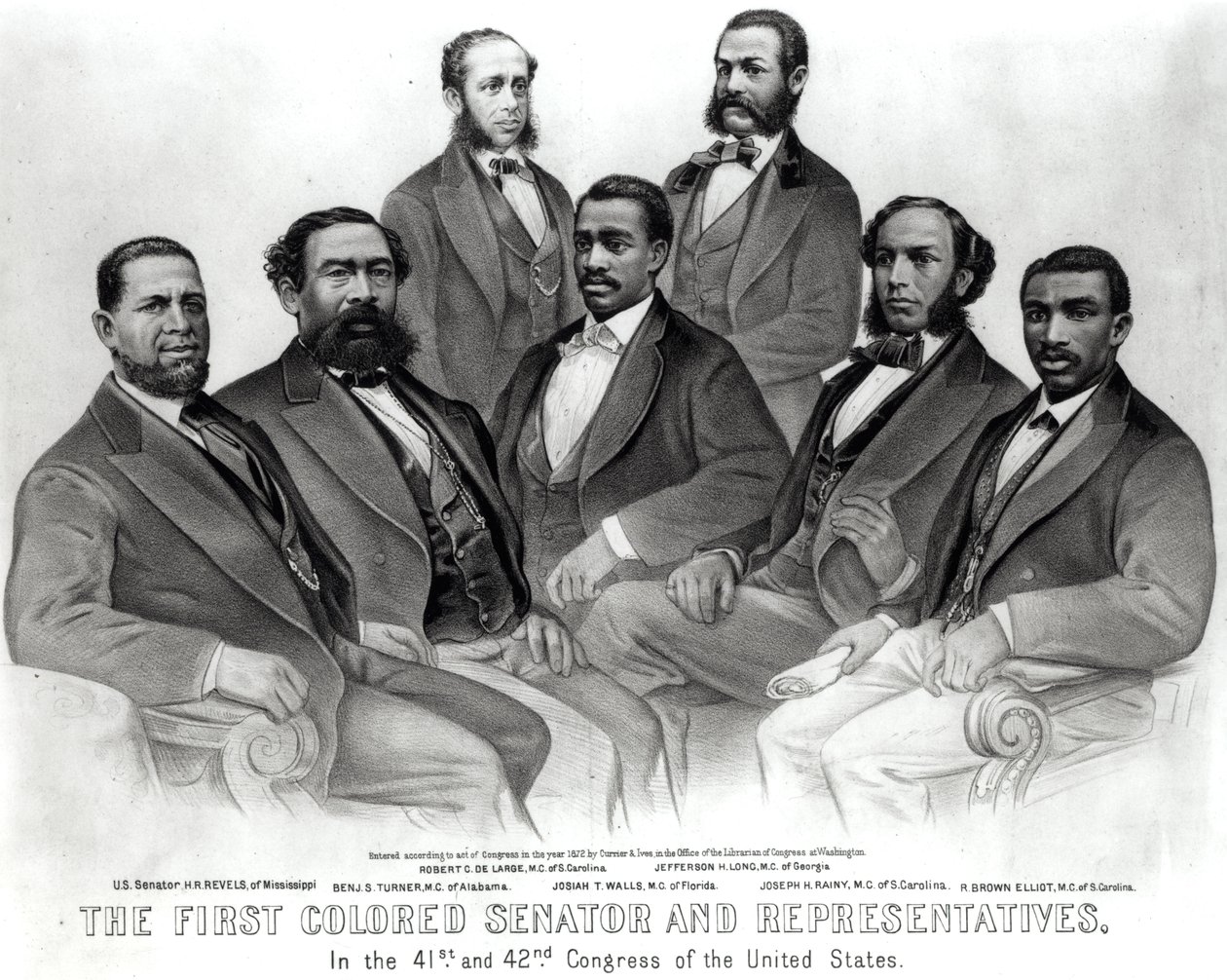 Den første fargede senatoren og representantene, i den 41. og 42. kongressen i USA, pub. av Currier og Ives, 1872 (litho) (pakkebilde) av American School