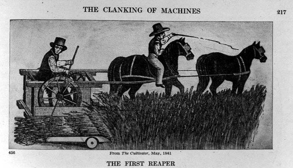 The First Reaper, illustrasjon fra The Cultivator, 1841, fra The Pageant of America, Vol.3, av Ralph Henry Gabriel, 1926 av American School