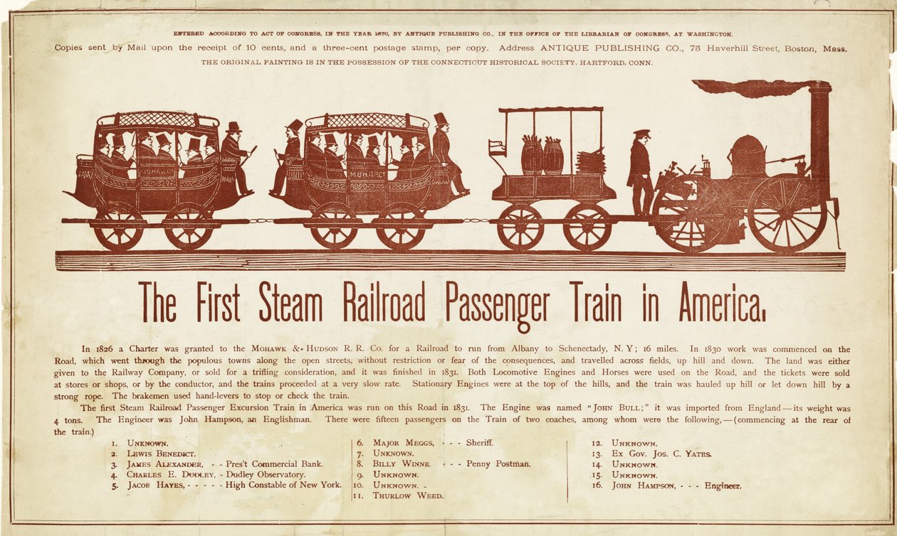 The First Steam Railroad Passenger Train in America, publisert ca. 1870 (fargetresnitt) av American School