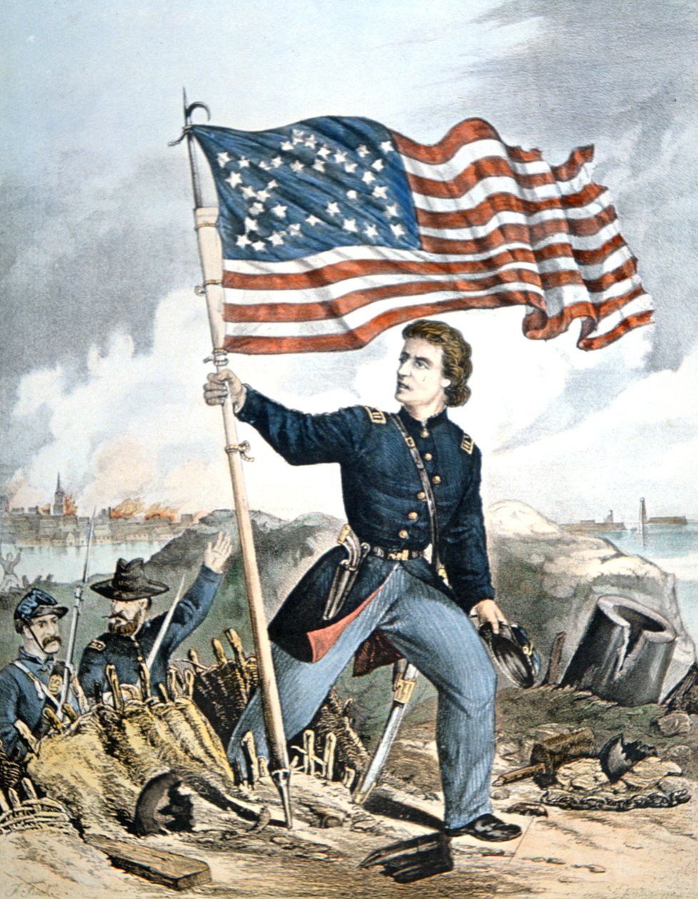 'The Flag Again, Waves Over Sumter', gravert av Kimmel & Forster (farge litho) av American School