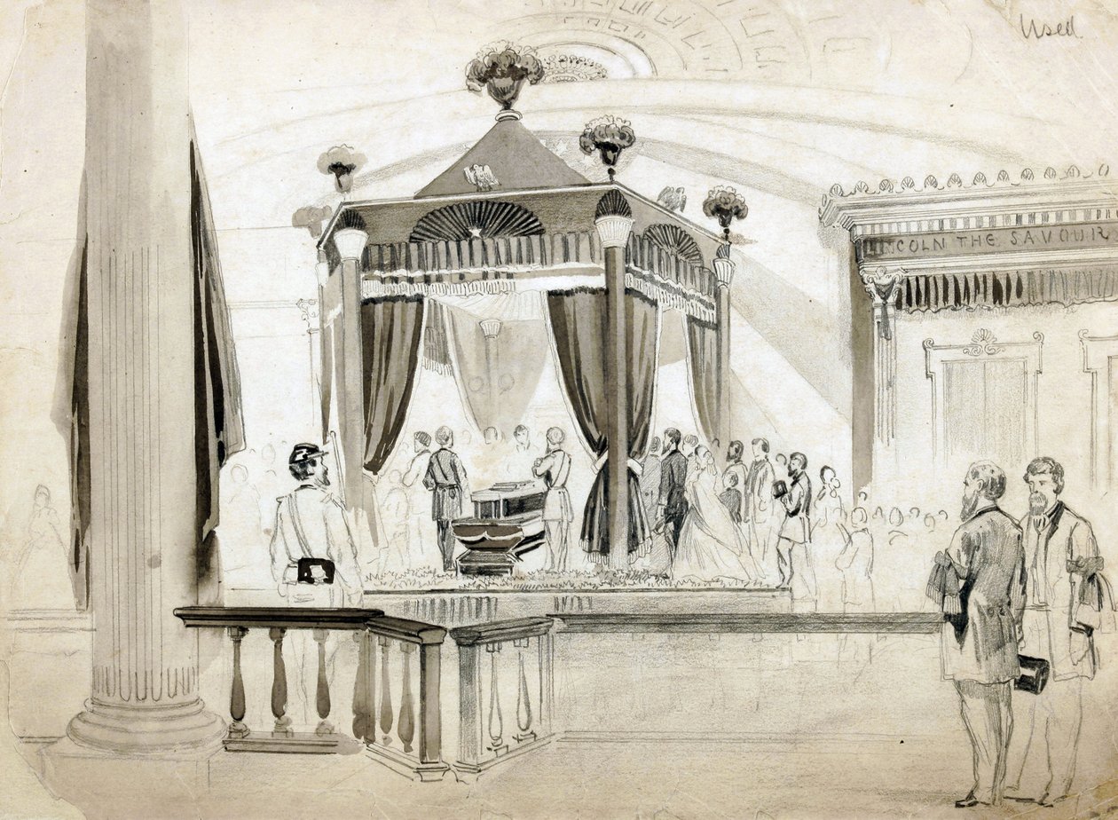 The Funeral Catafalque i Springfield, Illinois, illustrasjon for Frank Leslies Illustrated Newspaper, 1865 (blyant, blekk og vask på papir) av American School
