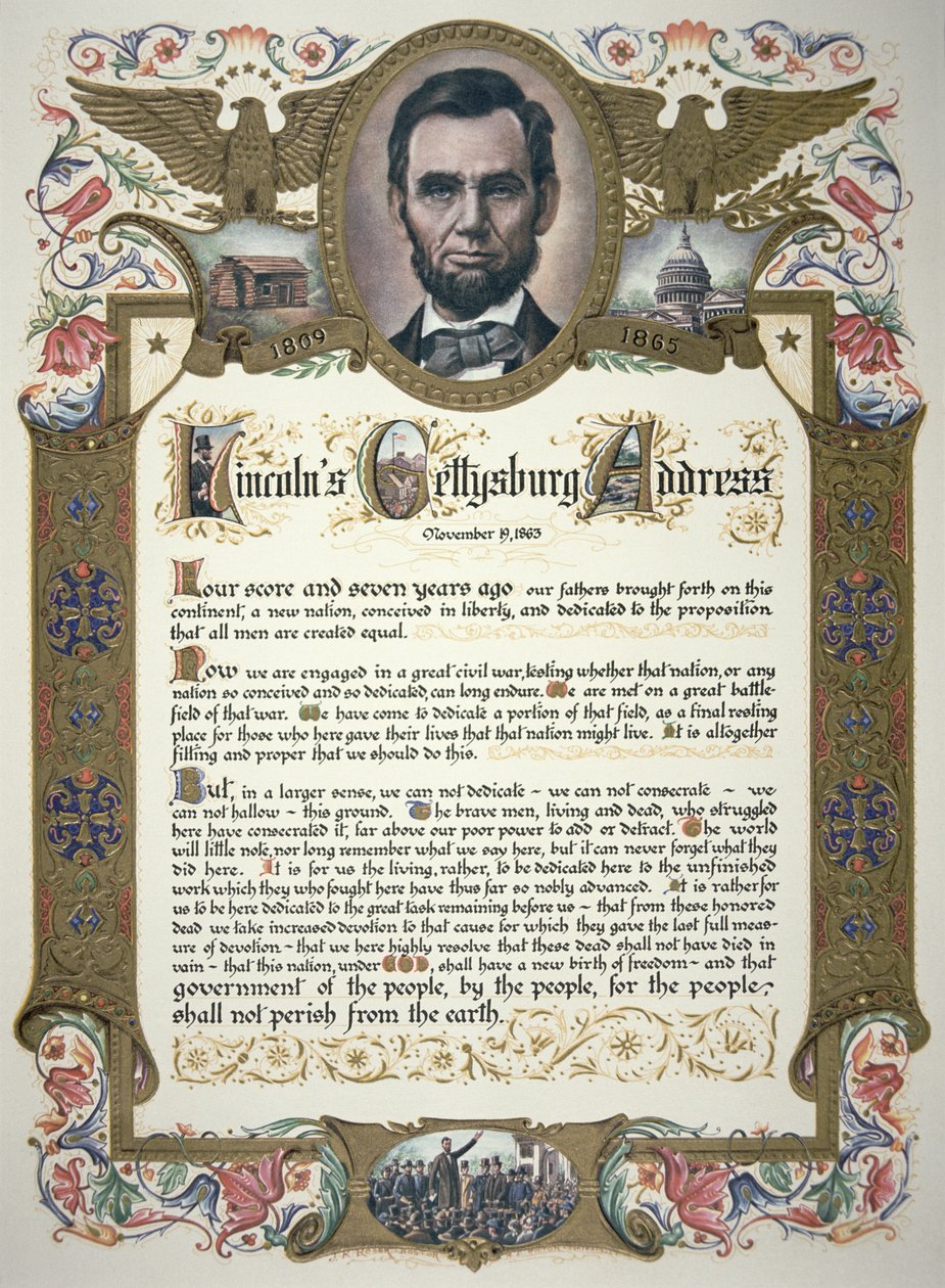 Gettysburg-adressen, levert av Abraham Lincoln (1809-65) av American School