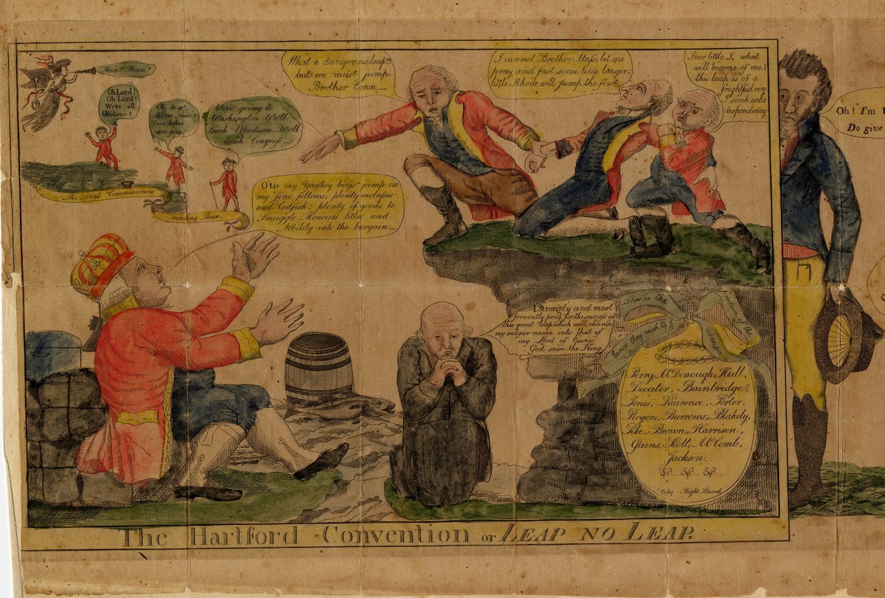Hartford-konvensjonen, eller Leap no Leap, 1815 (håndfarget gravering) av American School