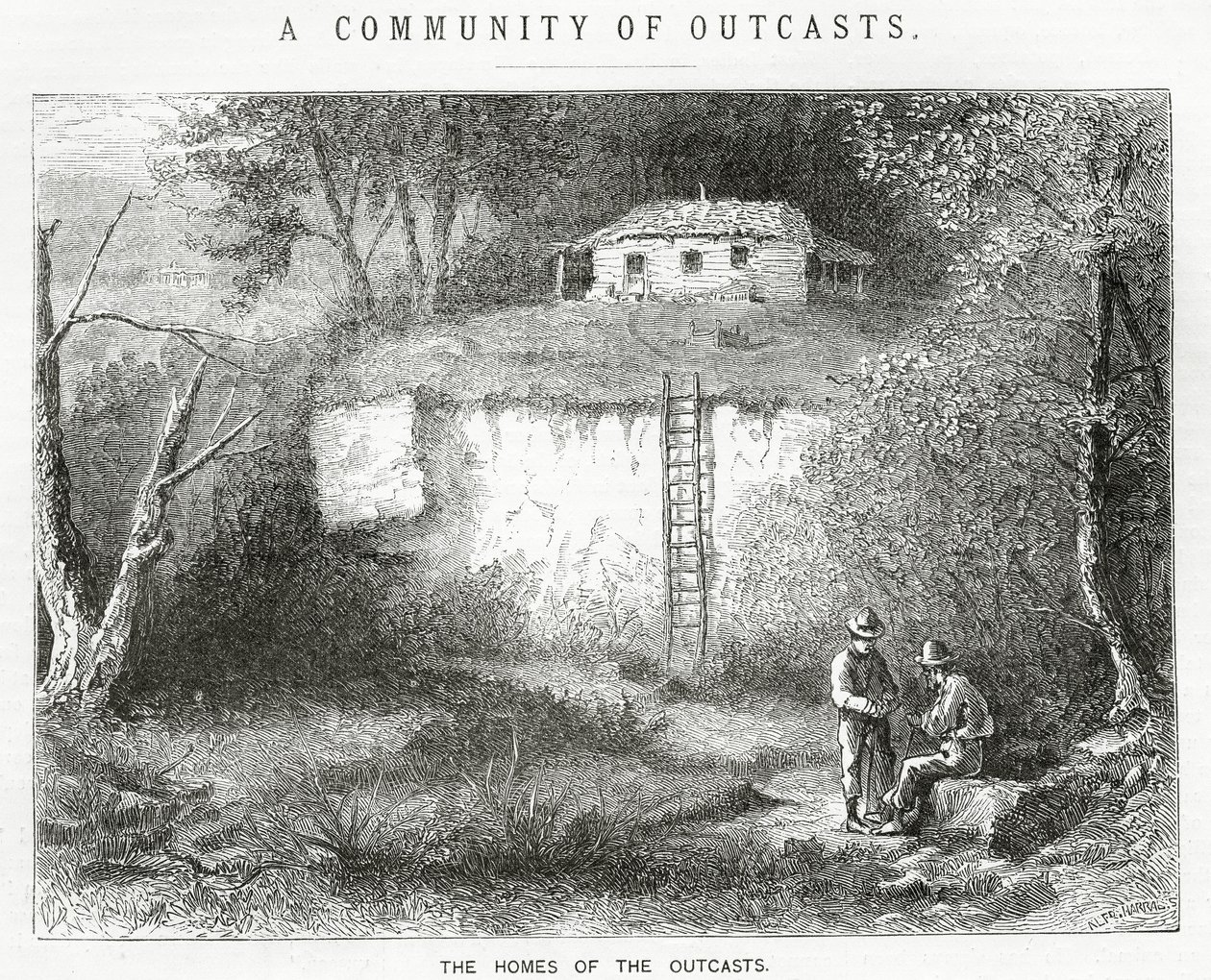 The Homes of the Outcasts, illustrasjon for en spillefilm, A Community of Outcasts, fra Appletons Journal, 23. mars 1872 av American School