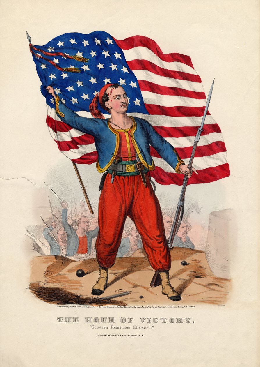 The Hour of Victory: Zouaves, husk Ellsworth!, pub. av Currier & Ives, 1861 av American School
