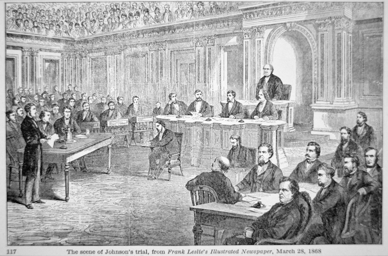The Impeachment of President Johnson i 1868, illustrasjon fra 'Frank Leslie's Newspaper', 28. mars 1868 (litho) av American School