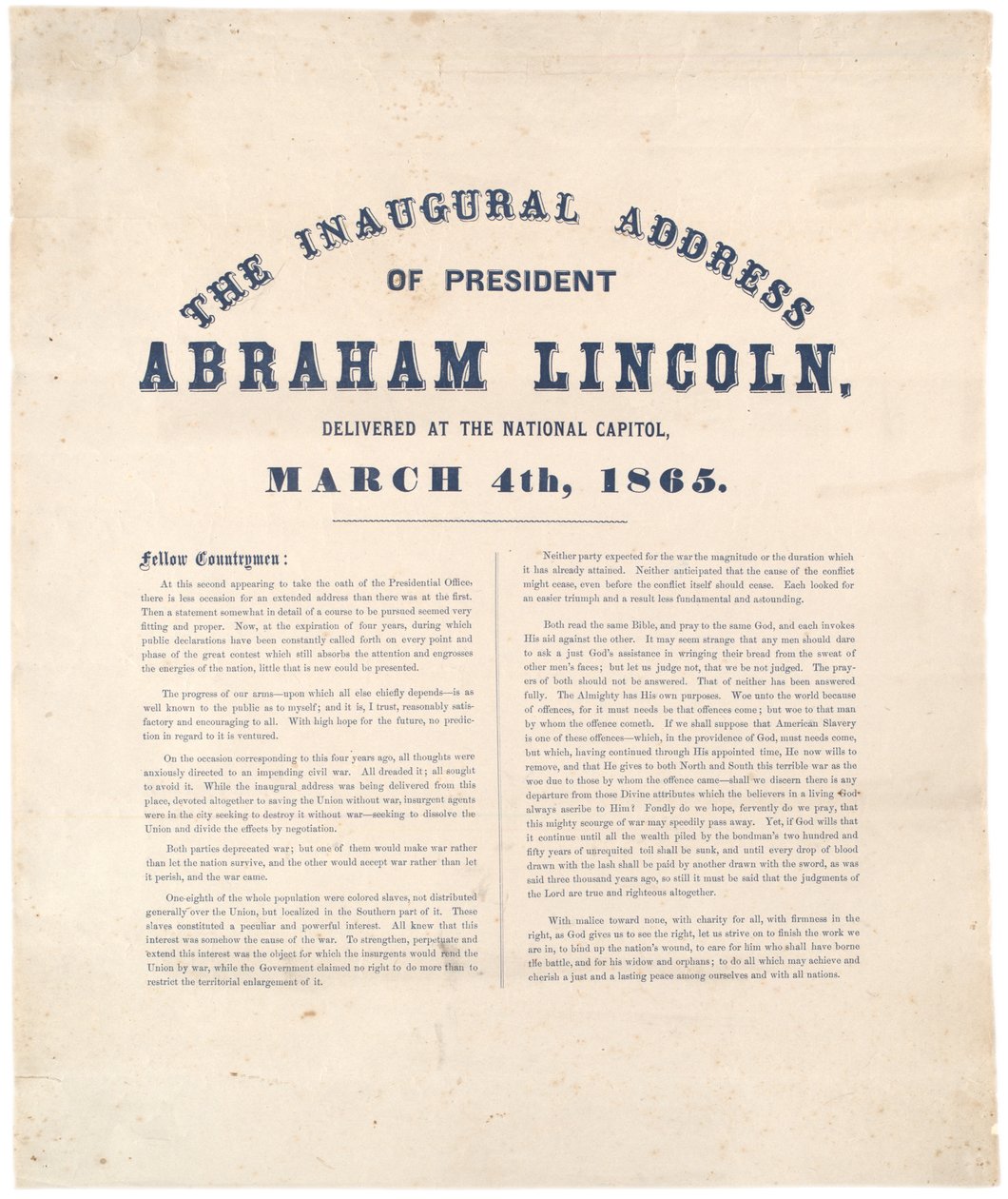 Innvielsestalen til president Abraham Lincoln holdt på National Capitol, 4. mars 1865 av American School