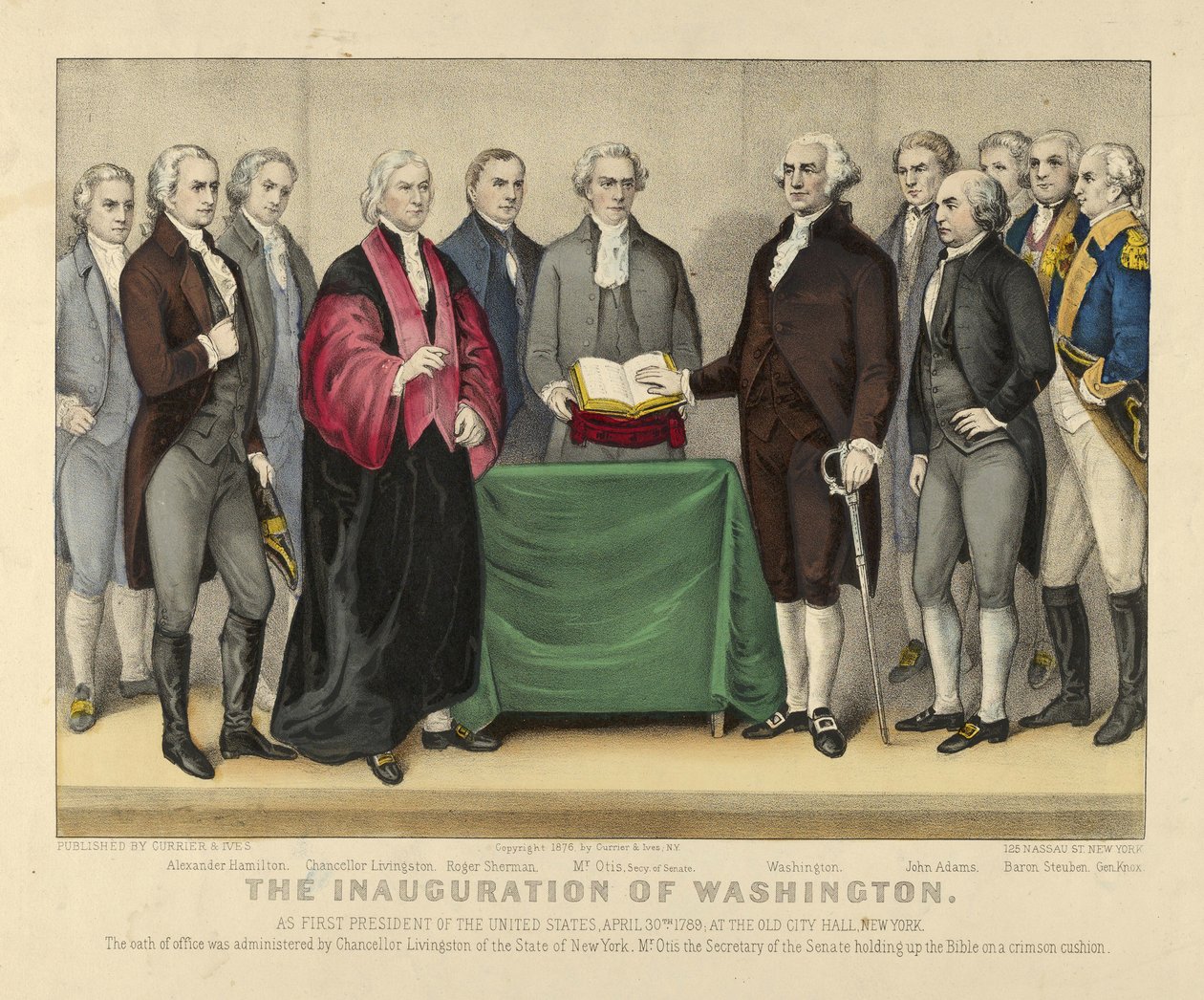 Innsettelsen av Washington som USAs første president, 30. april 1789, ved det gamle rådhuset, New York, pub.1876 (litho-farge) av American School