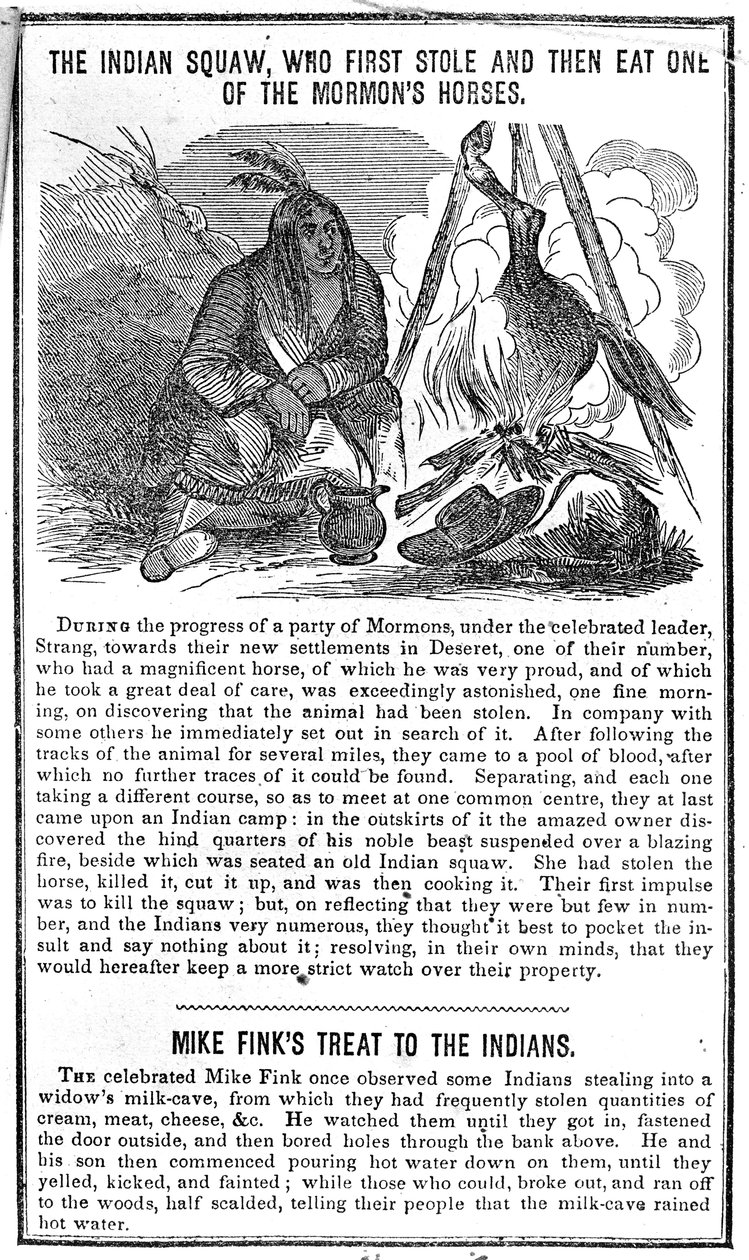 Den indiske squaw, som først stjal og deretter spiste en av mormonhestene, fra Crocketts Almanac, 1852 av American School