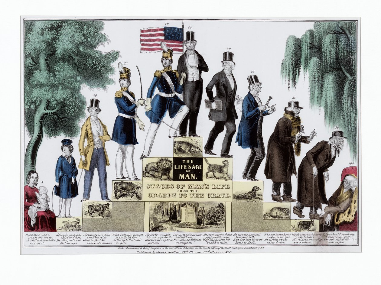The Life and Age of Man, Stadier av menneskets liv fra vuggen til graven, pub. C 1848 (håndfarget gravering) av American School