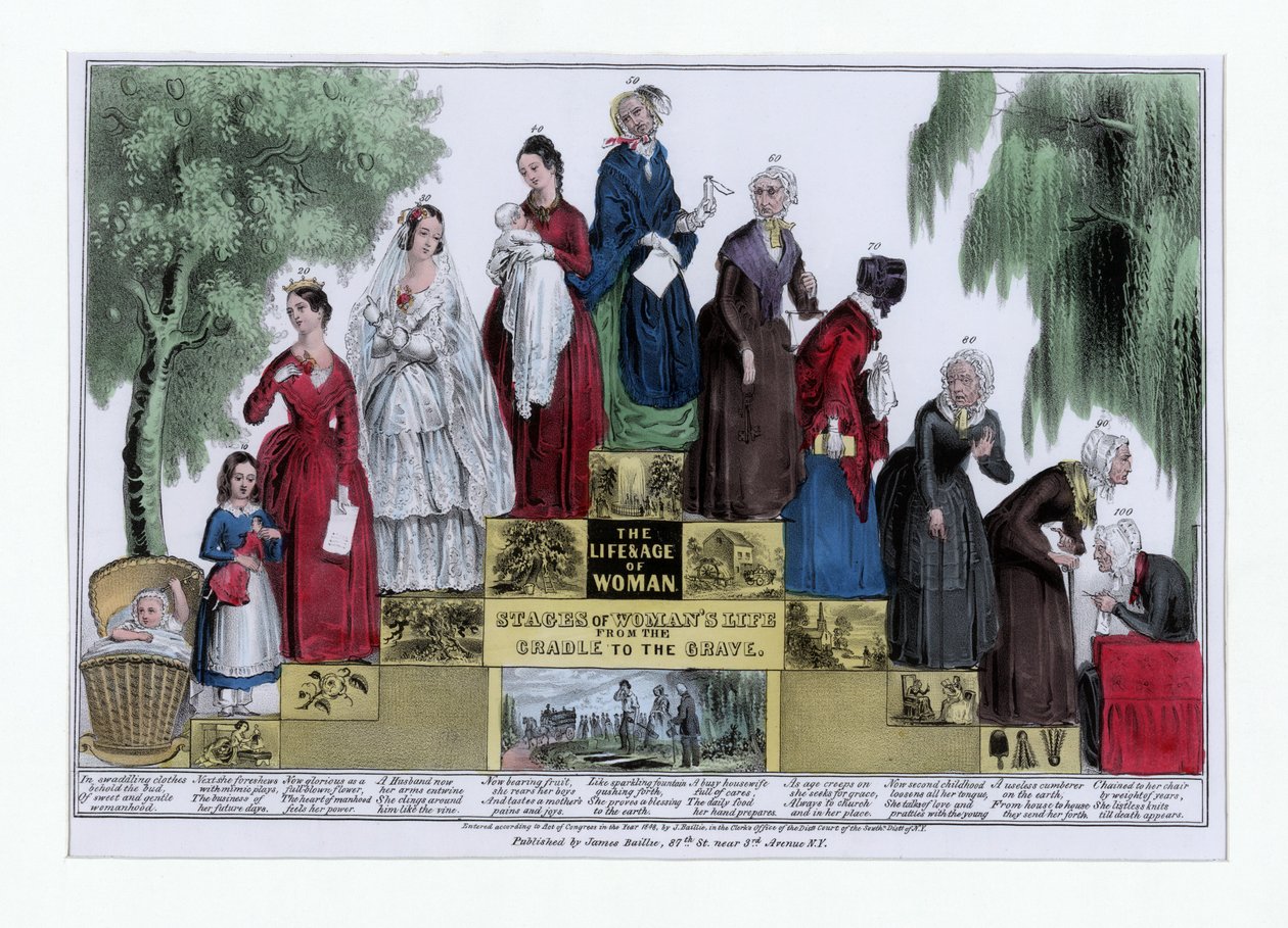 The Life and Age of Woman, Stadier av kvinnens liv fra vuggen til graven, pub. C 1848 (håndfarget gravering) av American School