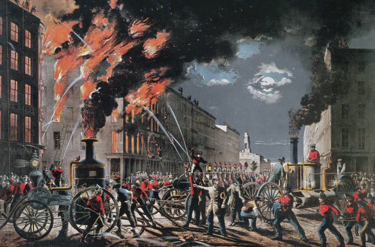 The Life of a Fireman (New York Volunteer Fire Department), utgitt av Currier & Ives av American School