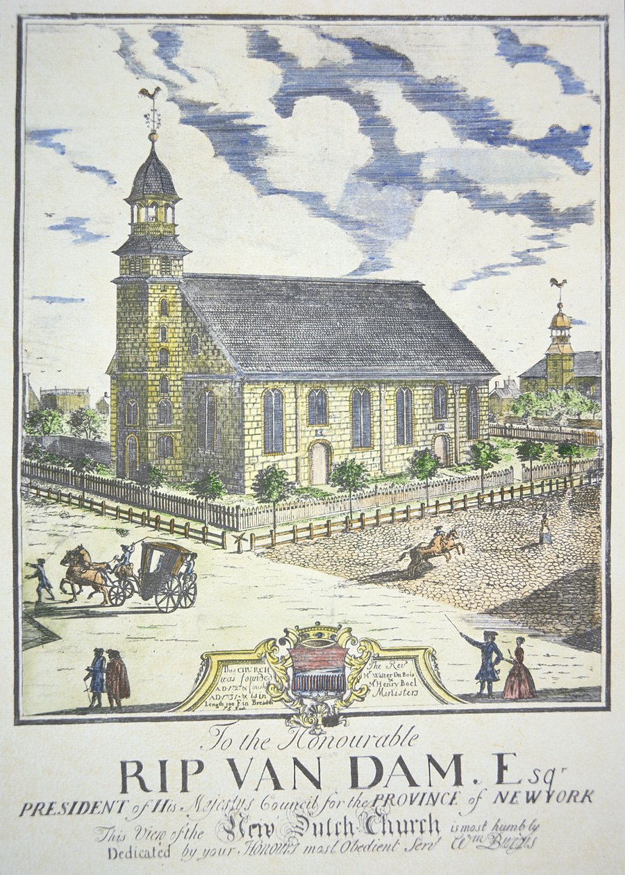 Den nye nederlandske reformerte kirke, bygget på hjørnet av gatene Nassau og Liberty, New York City, i 1731 (farget gravering) av American School