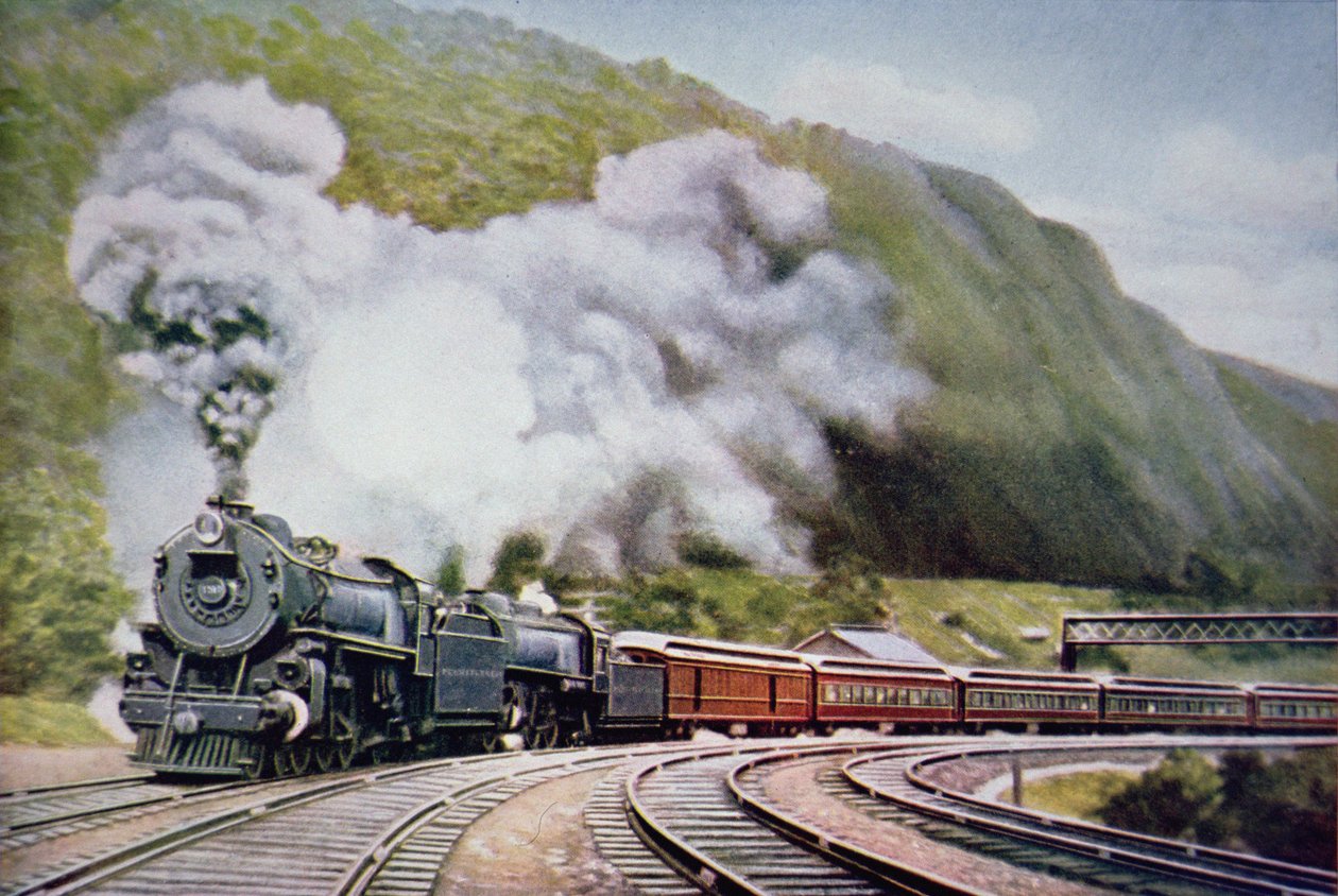 New York til Chicago Express ved Horse-Shoe Curve, Alleghany, ca. 1930 (farge litho) av American School