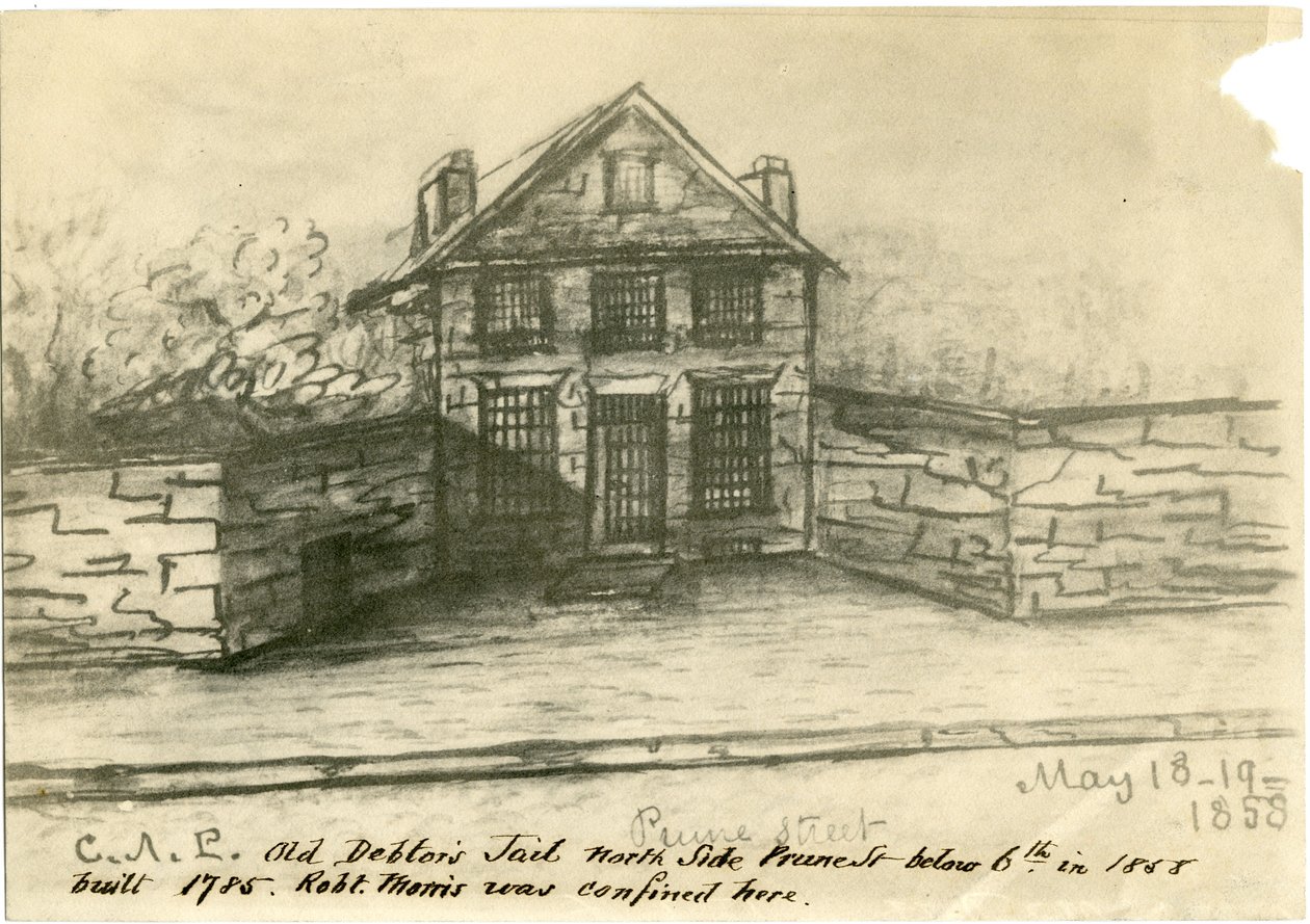 The Old Debtors Jail, Side of Prune St. under 6th, illustrasjon fra Castner Scrapbook, 1858 (photo-litho) av American School