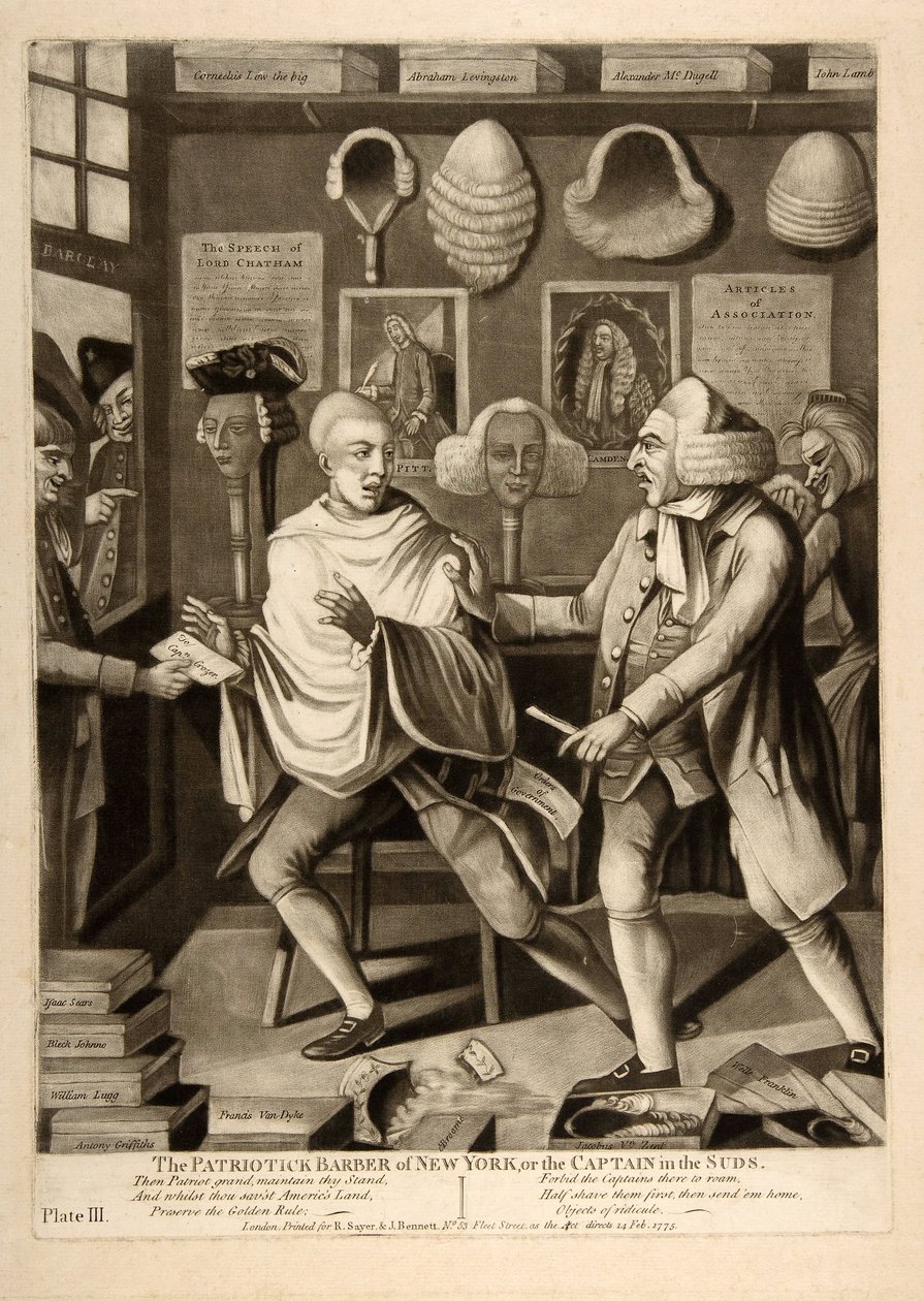 The Patriotic Barber of New York, eller Captain in the suds, pub. 1775 av American School