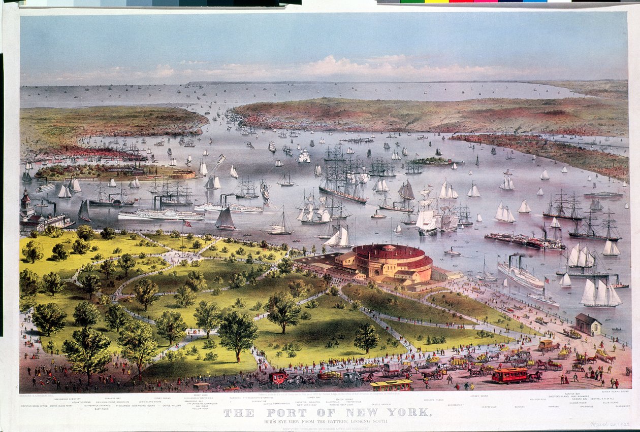 The Port of New York, fugleperspektiv fra batteriet ser sørover, gravert av Parsons & Atwater, utgitt av Currier & Ives, 1872 av American School