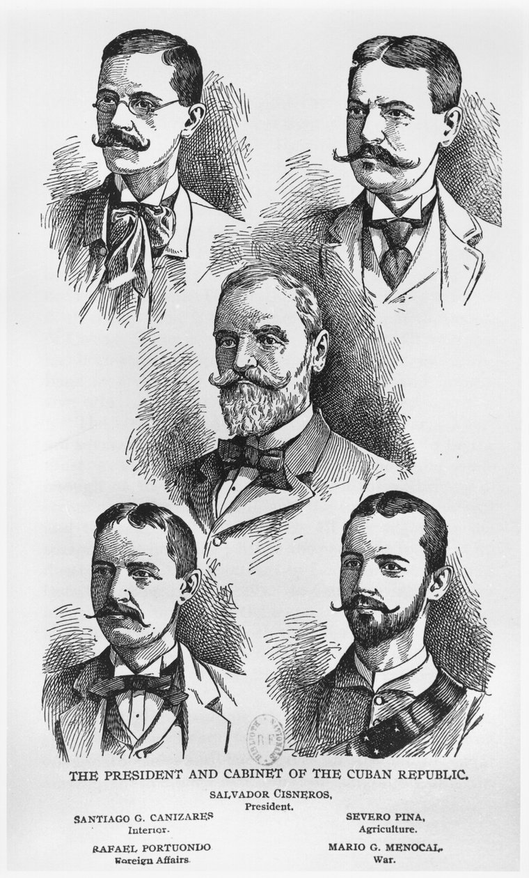 Presidenten Salvador Cisneros Betancourt (1828-1914) og kabinettet i den cubanske republikken, ca. 1895, illustrasjon fra The Story of Cuba av Murat Halstead, Werner Company, utgitt 1898 (gravert av American School