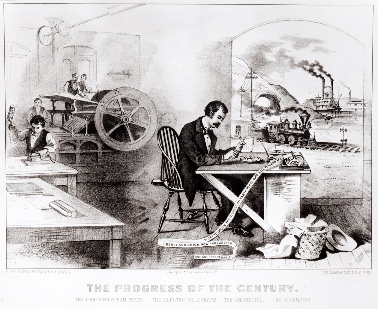 The Progress of the Century: The Lightning Steam Press, the Electric Telegraph, the Locomotive and the Steamboat, pub. av Currier & Ives, 1876 av American School