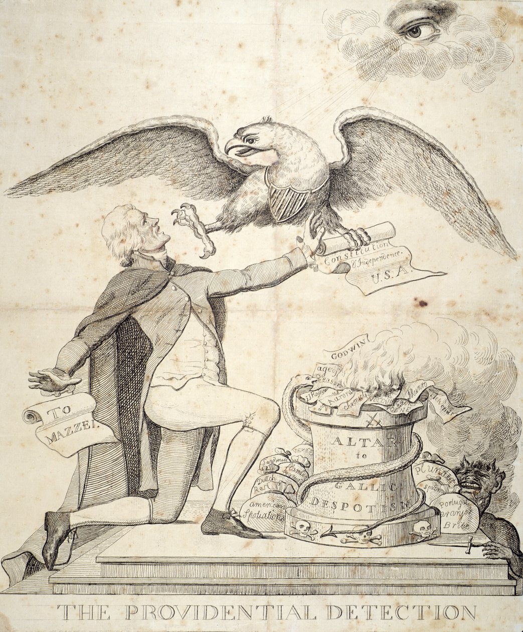 The Providential Detection , tegneserie som viser Thomas Jefferson (1743-1826) som prøver å ødelegge grunnloven av American School