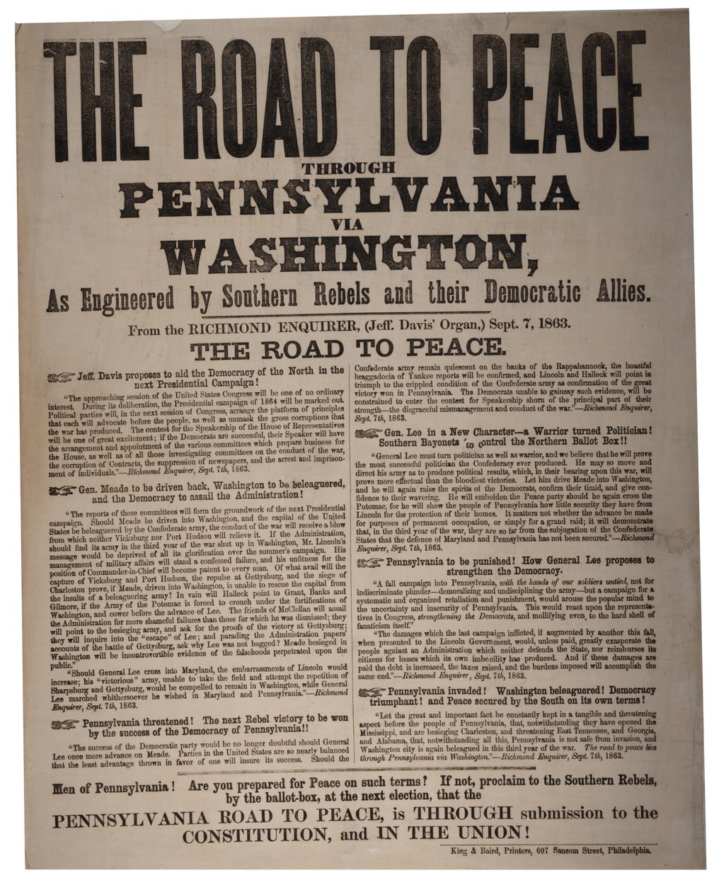 Veien til fred gjennom Pennsylvania via Washington, konstruert av sørlige opprørere og deres demokratiske allierte, King & Baird (1839-1876), 7. september 1863 av American School