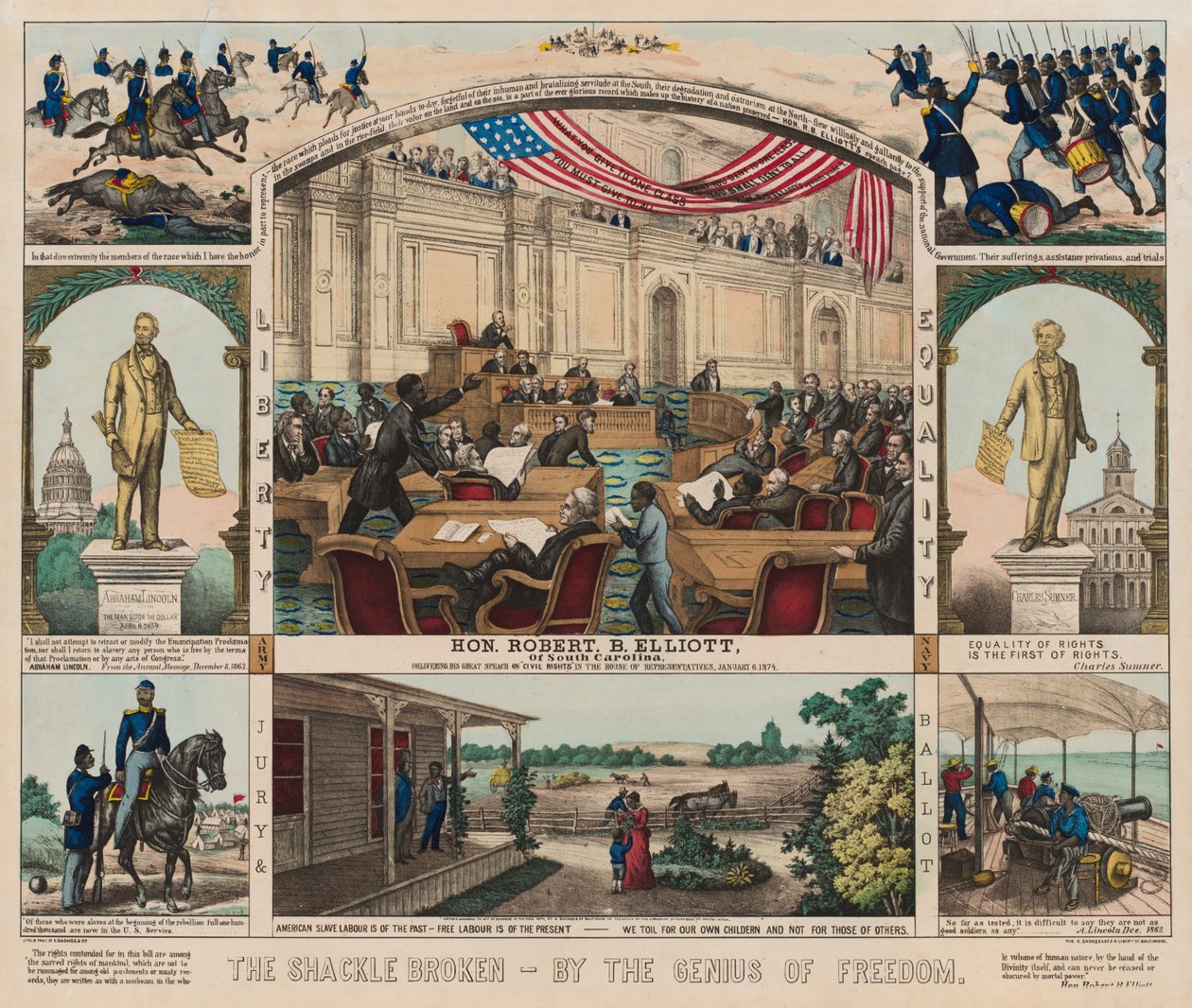 The Shackle Broken - By the Genius of Freedom, ca. 1860-1879 (farge litho) av American School