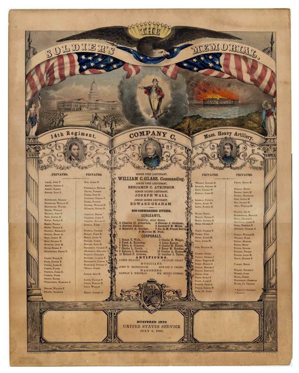The Soldiers Memorial: 14th Regiment, Company C, Mass. Heavy Artillery, pub. av Currier & Ives, 1862 av American School