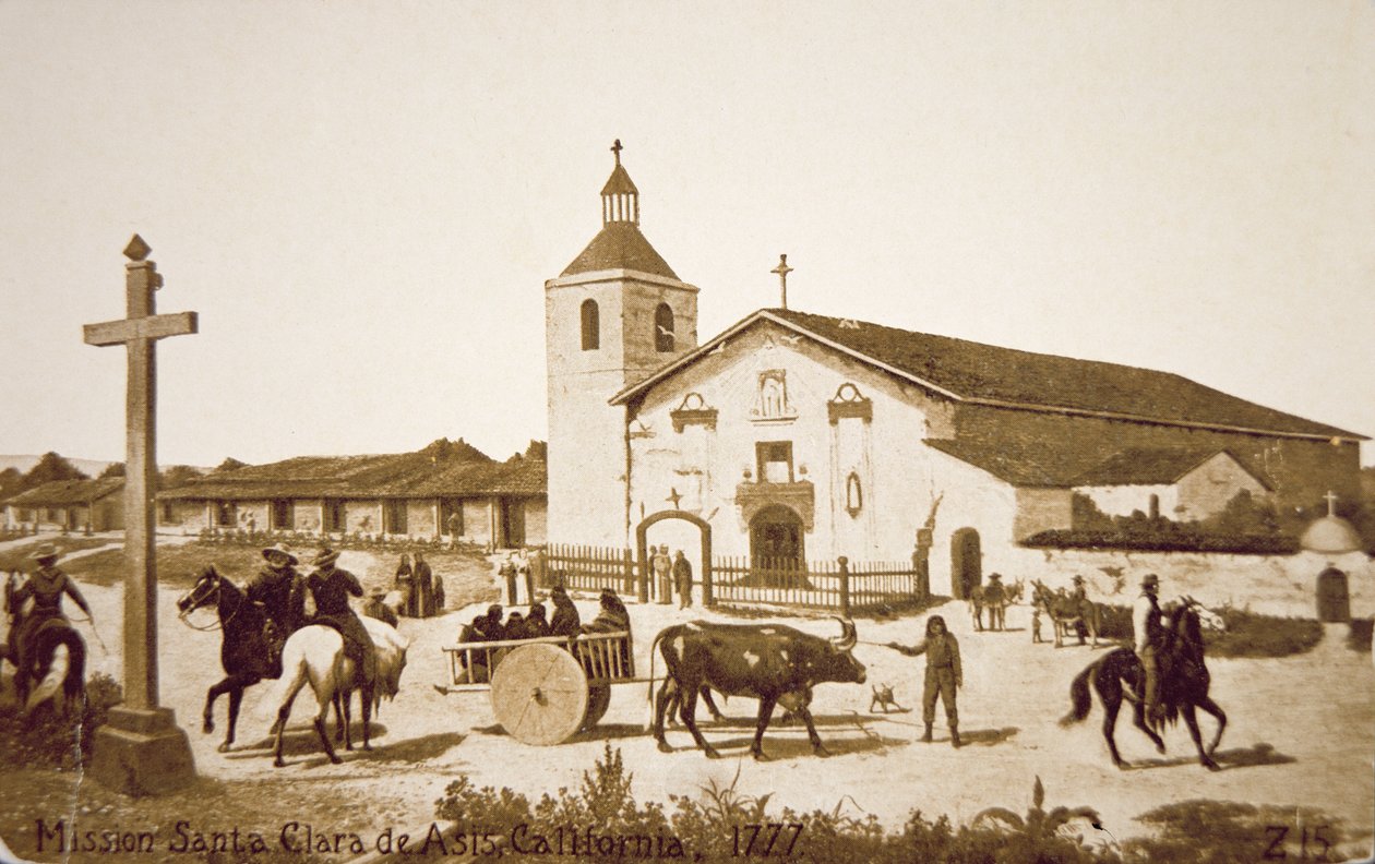 The Spanish Mission, Santa Clara de Asis, California i 1777 (litho) av American School