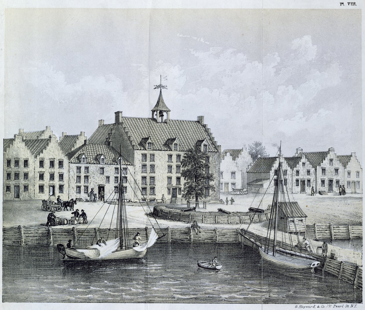 The Stadthuys of New York i 1679, Corner of Pearl Street og Coentijs Slip, fra Journal of a Voyage to New York i 1679-80 av Jasper Danckaerts (f.1639) og Peter Sluyter (1645-1722), utgitt 1867 av American School
