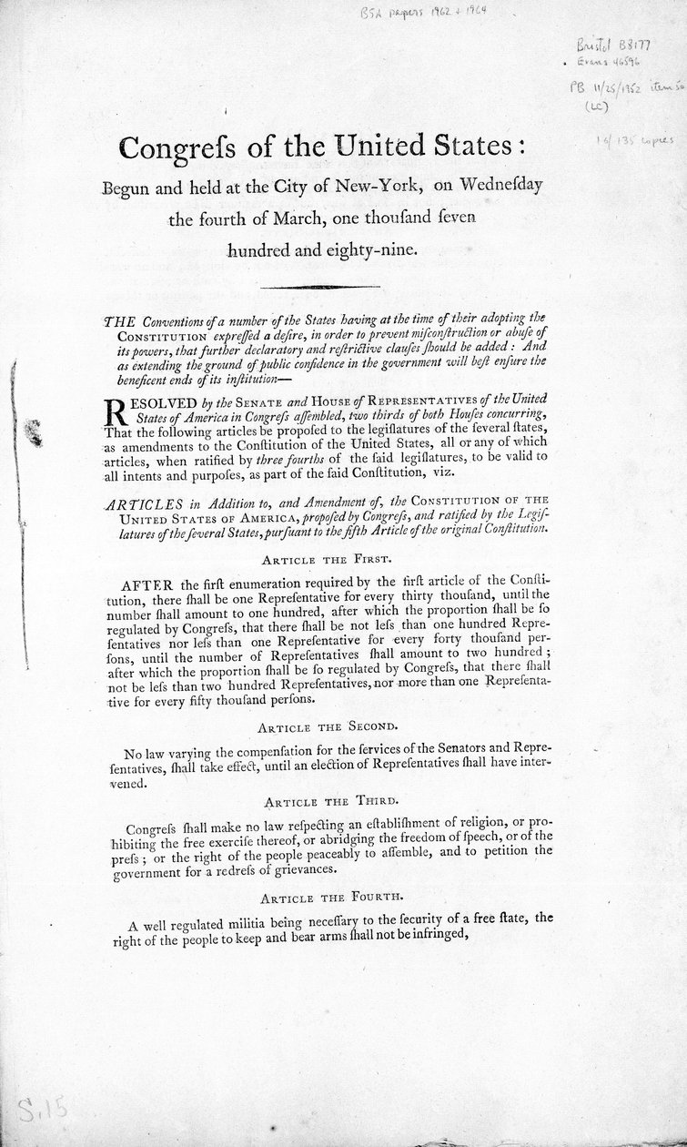 United States Bill of Rights, fullført 1789 (trykk) av American School