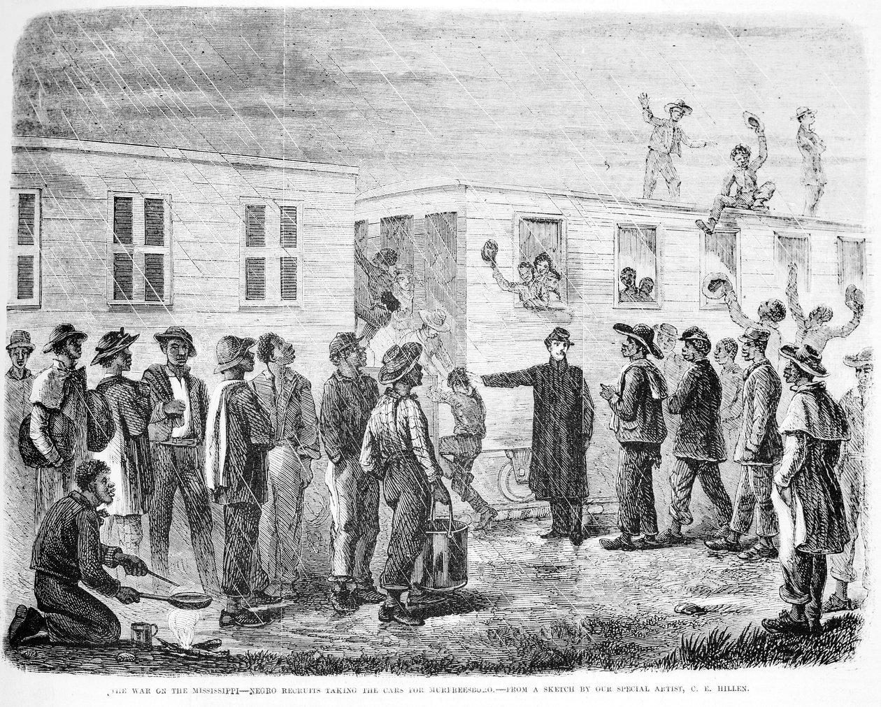 The War on Mississippi Negro rekrutterer ombord på bilen til Murfreesboro, fra Frank Leslies Illustrated Newspaper, mai 1864 av American School