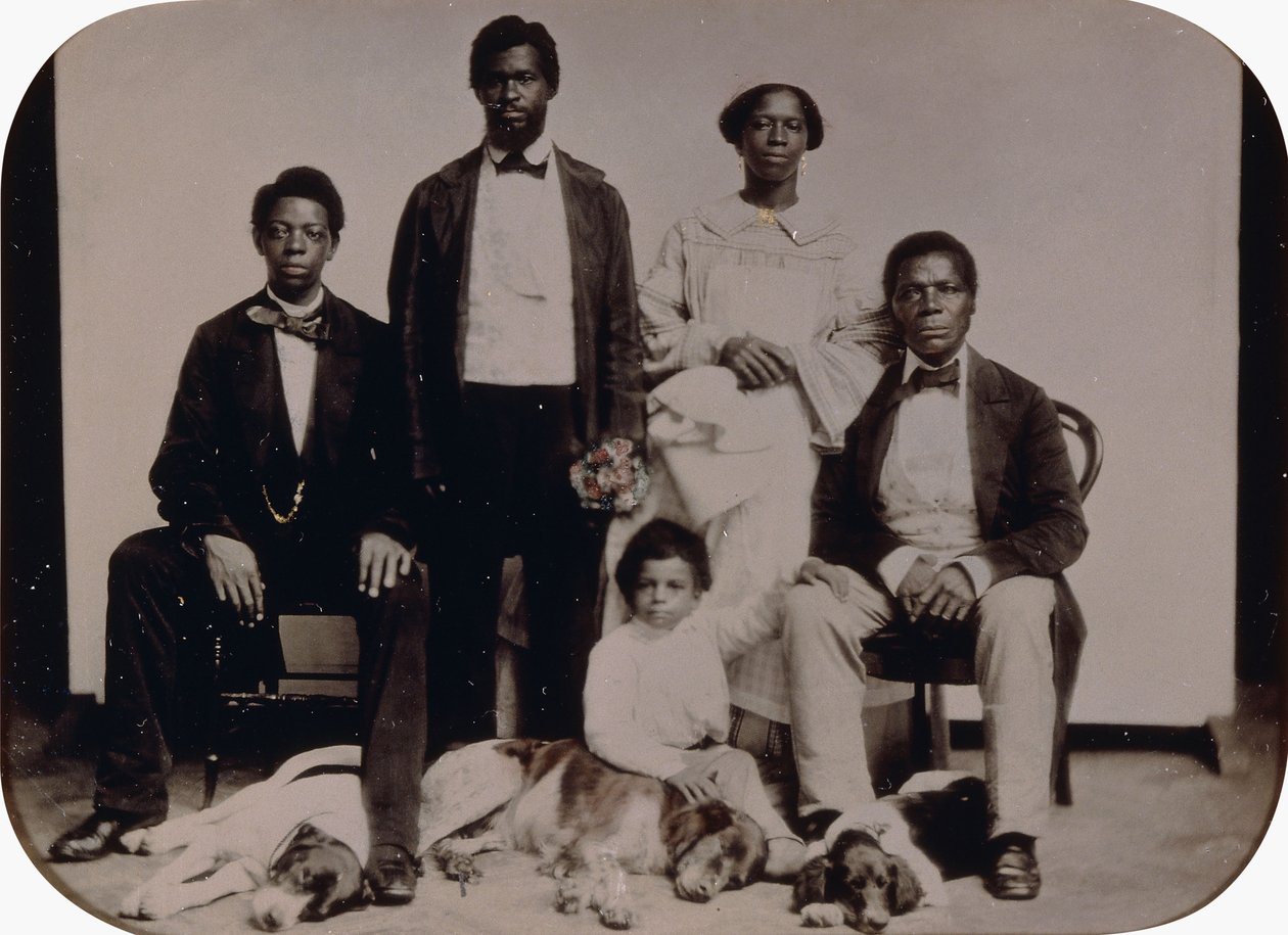 The Wedding Scene, ca. 1860 (halvplate tinntype, håndfarget, i lærveske) av American School