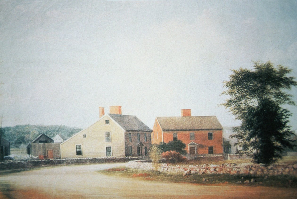 Fødestedet til John Adams (1735-1826) i Braintree, nå Quincy, Massachusetts (farge litho) av American School