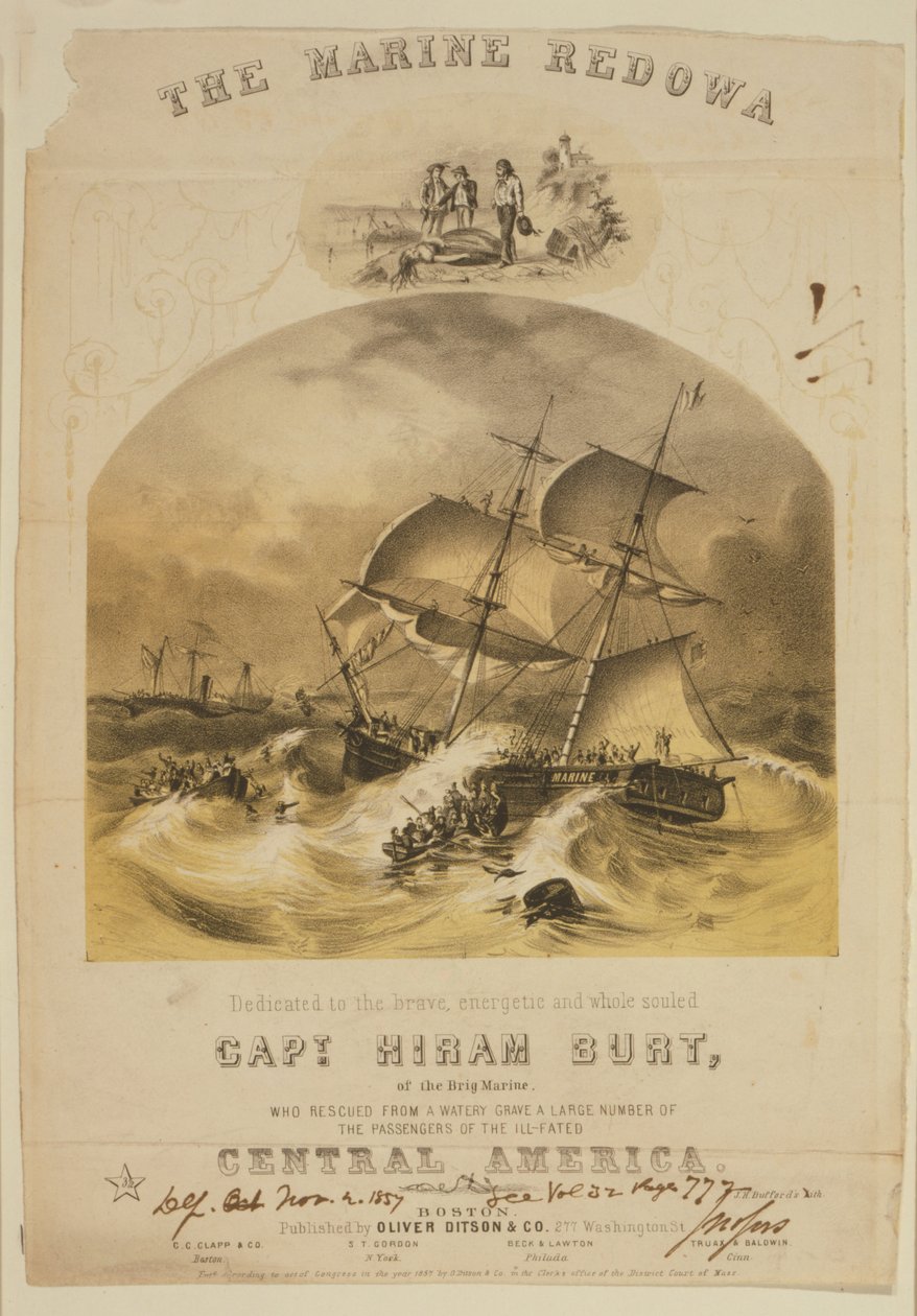 Briggen Marine reddet passasjerer i livbåter fra dampbåten SS Central America etter at den ble fanget i en orkan utenfor Carolinas i september 1857. Over 550 druknet og 30 000 pund (14 000 kg) californisk gull gikk tapt. av American School