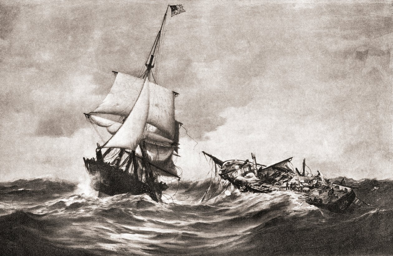 Fangsten av HMS Frolic av krigssluppen USS Wasp, en marineaksjon utkjempet i Atlanterhavet 18. oktober 1812, under krigen i 1812, fra 'The History of Our Country', utgitt 1905 (litho) av American School