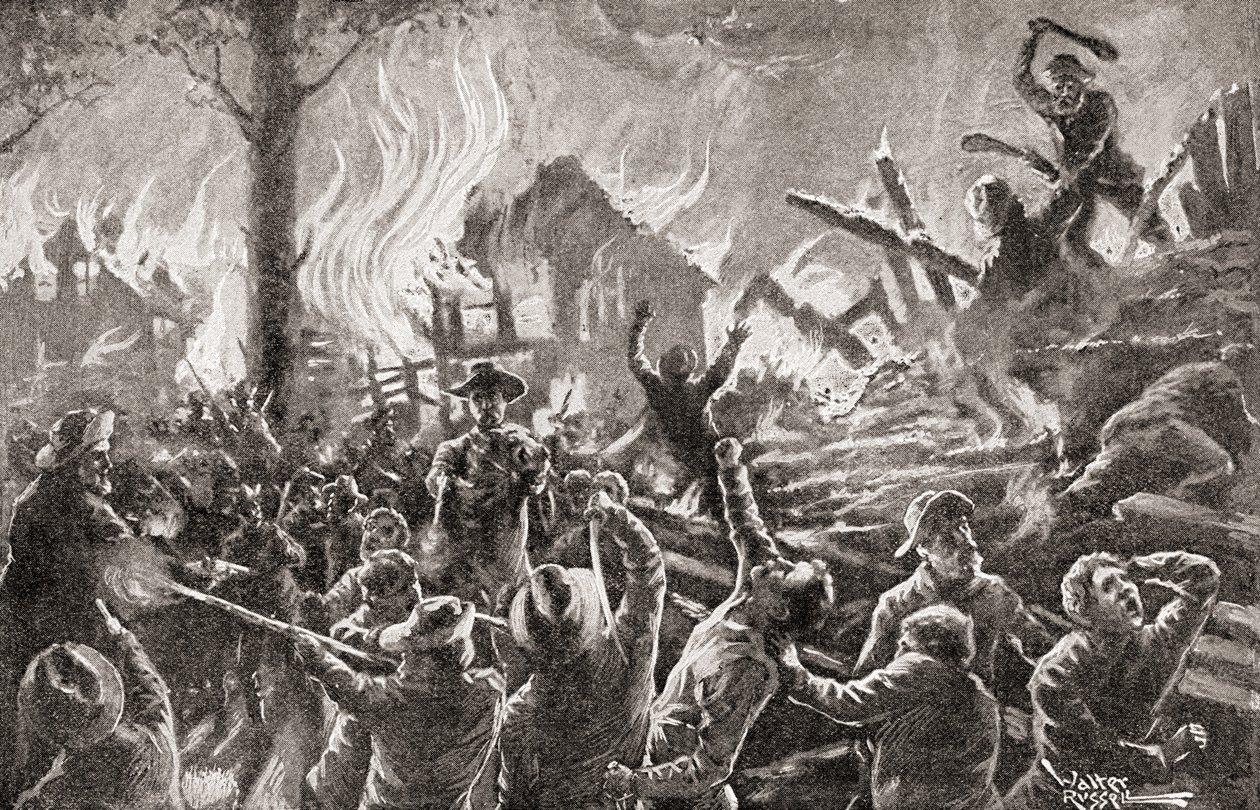 Borgerkrigen i Kansas aka Bleeding Kansas, Bloody Kansas eller Border War, fra 'The History of Our Country', utgitt 1905 (litho) av American School