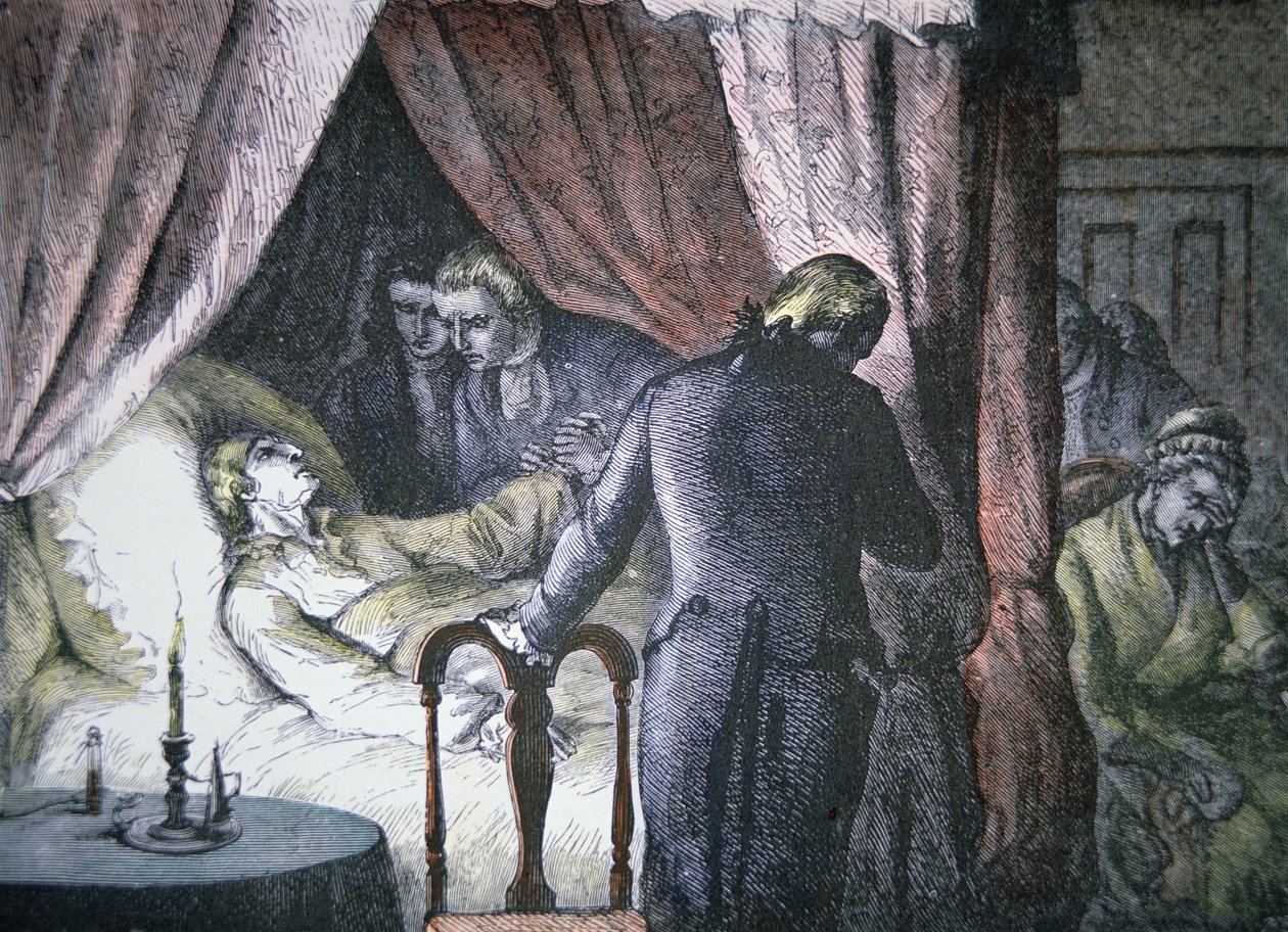 George Washingtons død ved Mount Vernon, Virginia (farge litho) av American School