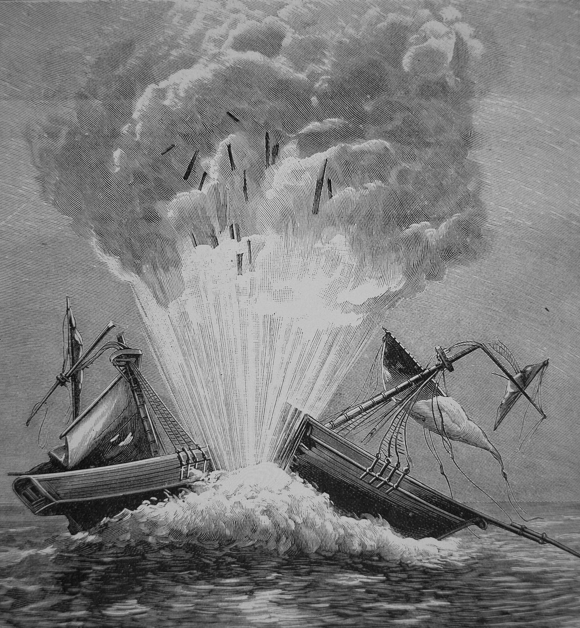 Den første torpedoen, oppfunnet av Robert Fulton (1765-1815) sprenger den danske briggen 'Dorothee' i Walmerbukta av American School