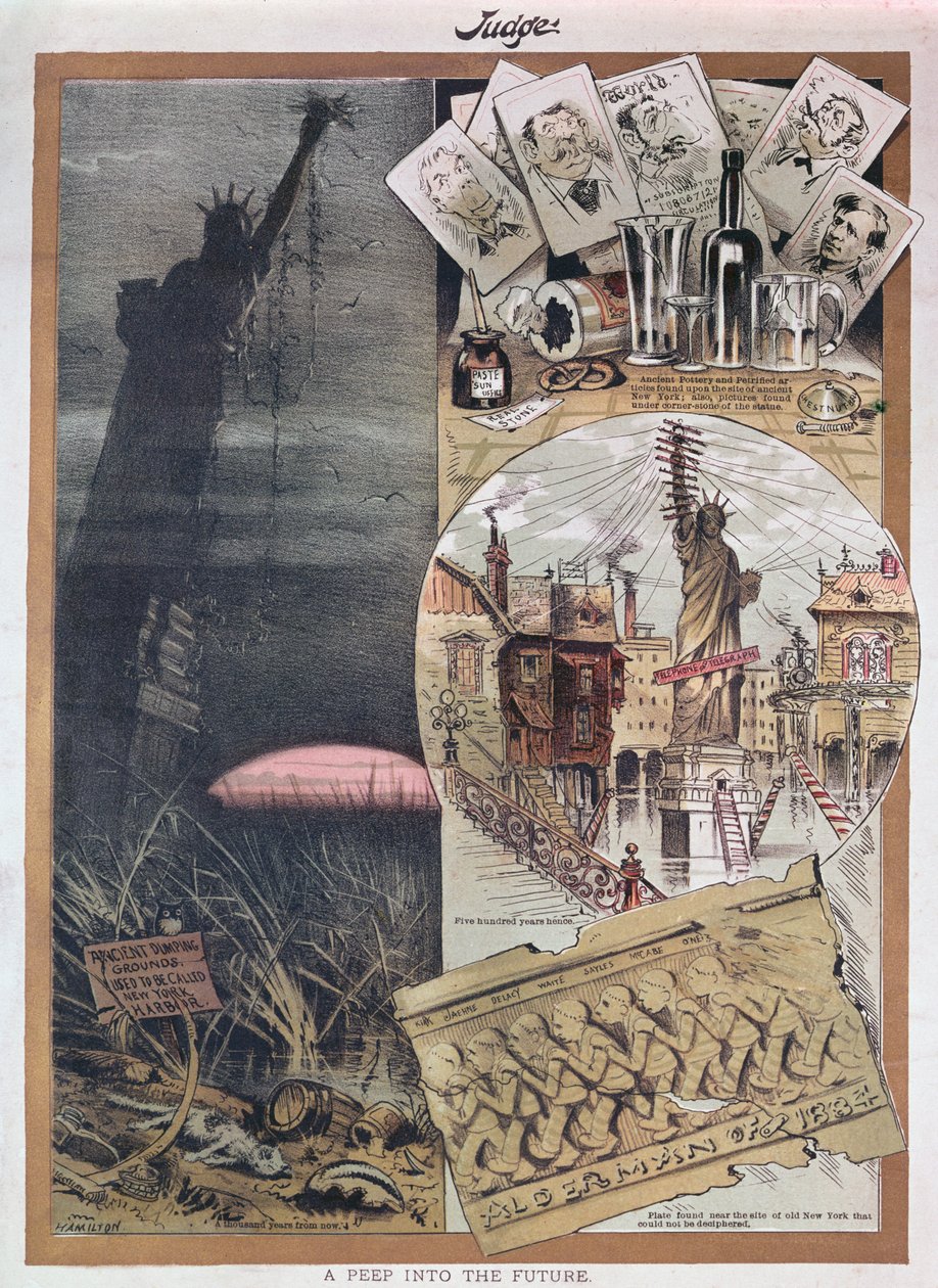 Fremtiden til Frihetsgudinnen. karikatur fra Judge magazine rundt tidspunktet for konstruksjonen i 1886 av American School