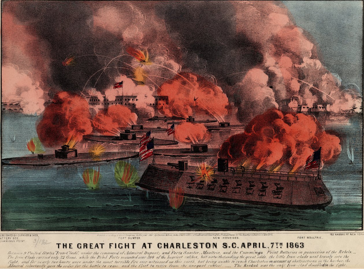 Den store kampen på Charleston S.C., 7. april 1863, pub. Currier & Ives, 1863 av American School